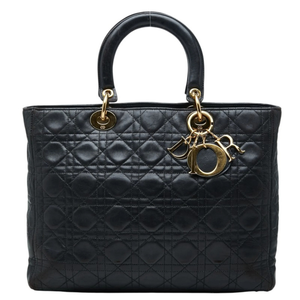 Christian Dior Dior Cannage Lady Large Handbag Tote Bag Black Leather Women's